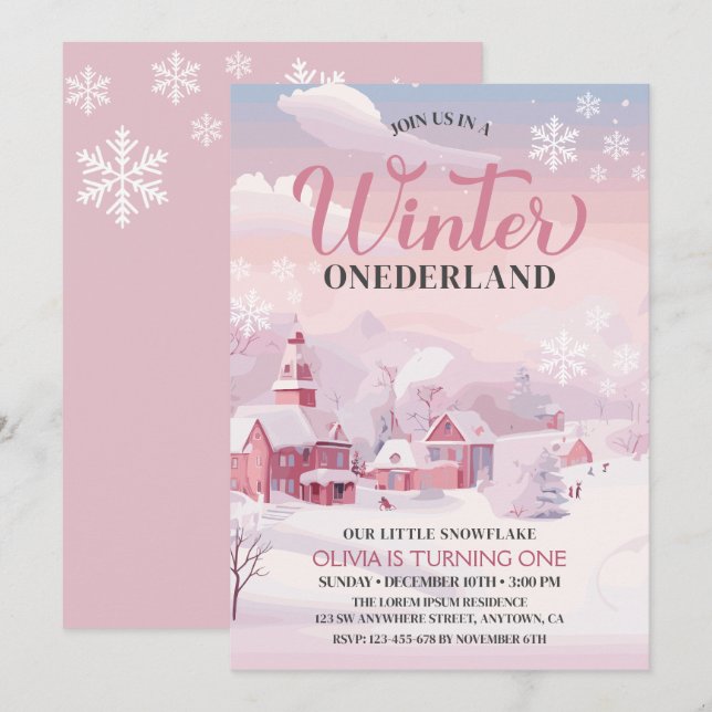 Winter Onederland Rosa Snowflake 1:a födelsedagen Inbjudningar (Fram/baksida)
