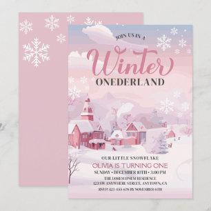 Winter Onederland Rosa Snowflake 1:a födelsedagen Inbjudningar