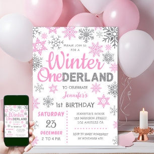 Winter Onederland   Rosa Snowflake 1a Birthday Inbjudningar