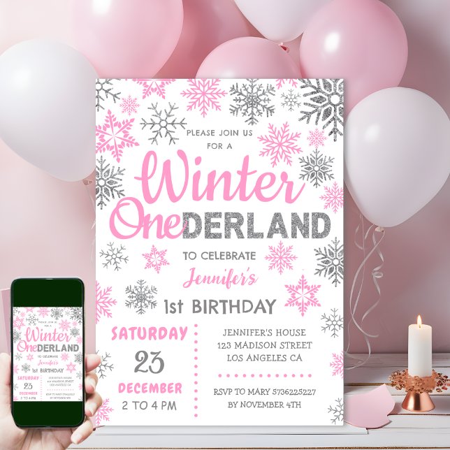 Winter Onederland | Rosa Snowflake 1a Birthday Inbjudningar (Skapare uppladdad)