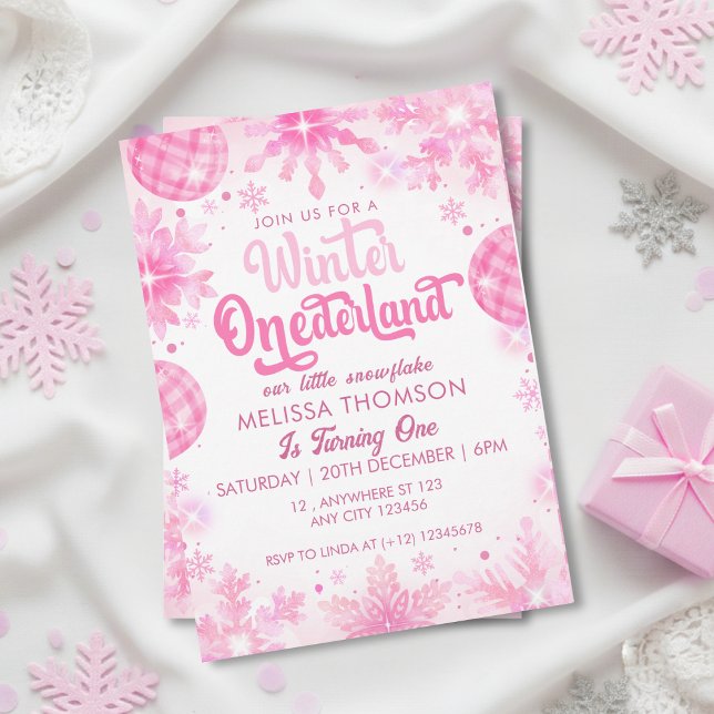 Winter Onederland Rosa Snowflake First Birthday Inbjudningar (Skapare uppladdad)