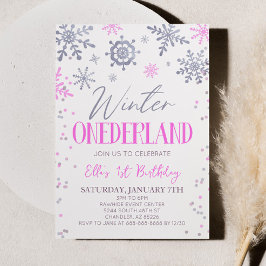 Winter ONEderland Rosa Snowflake-Födelsedagsfest Inbjudningar