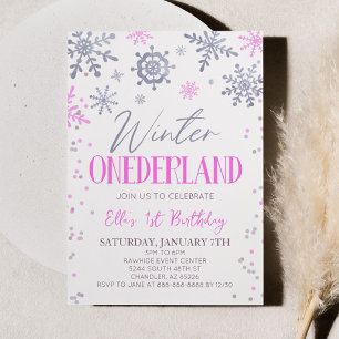 Winter ONEderland Rosa Snowflake-Födelsedagsfest Inbjudningar