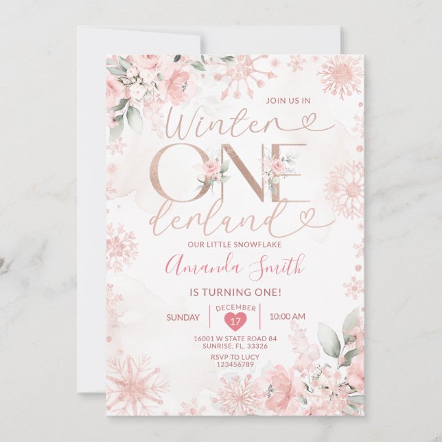 Winter Onederland Rose Gold Snowflake 1st Birthday Inbjudningar (Framsida)