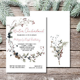 Winter onederland rustic berry boho första födelse inbjudningar