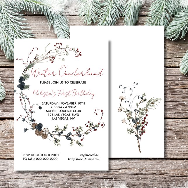 Winter onederland rustic berry boho första födelse inbjudningar (Skapare uppladdad)