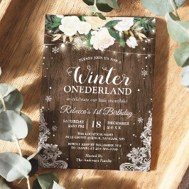 Winter ONEderland Rustic Blommigt Baby 1:a födelse Inbjudningar