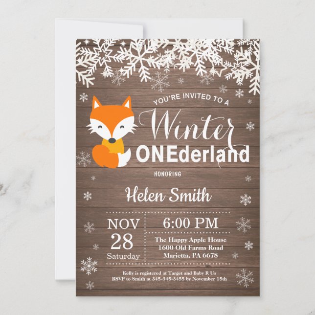 Winter Onederland Rustic Fox 1:a födelsedagen Inbjudningar (Framsida)