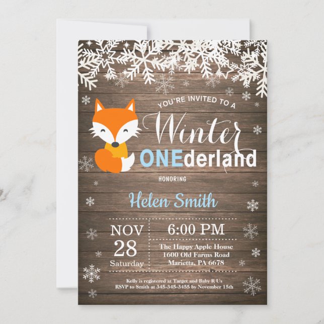 Winter Onederland Rustic Fox Boy 1st Birthday Inbjudningar (Framsida)