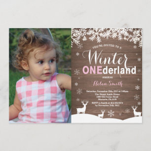 Winter Onederland Rustic Girl 1:a födelsedagsfoto Inbjudningar