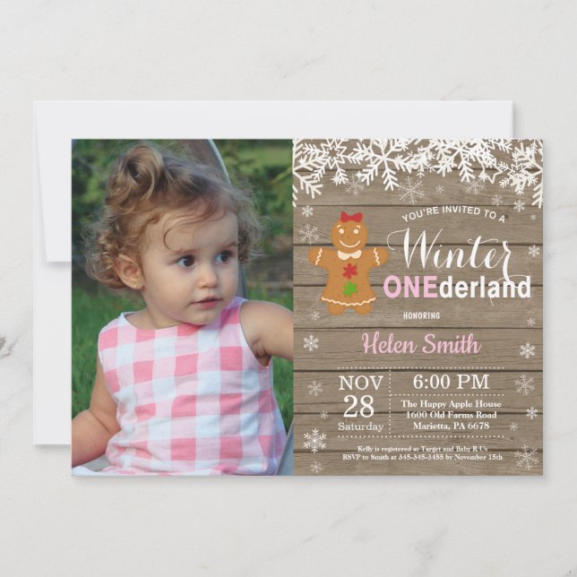 Winter Onederland Rustic Girl 1st Birthday Inbjudningar (Framsida)