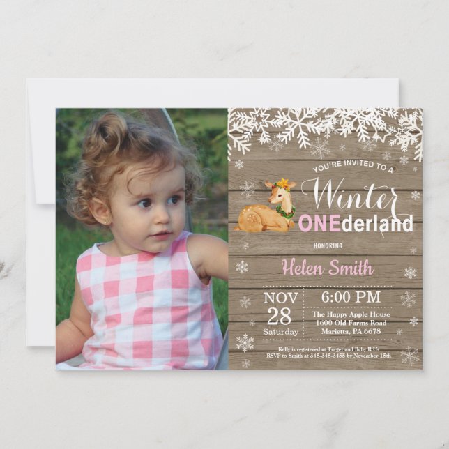 Winter Onederland Rustic Hjort Girl 1st Birthday Inbjudningar (Framsida)