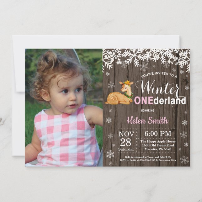 Winter Onederland Rustic Hjort Girl 1st Birthday Inbjudningar (Framsida)