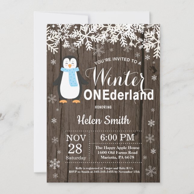 Winter Onederland Rustic Penguin Boy 1st Birthday Inbjudningar (Framsida)