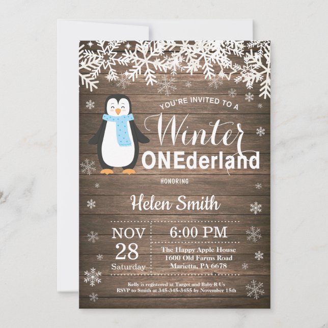 Winter Onederland Rustic Penguin Boy 1st Birthday Inbjudningar (Framsida)