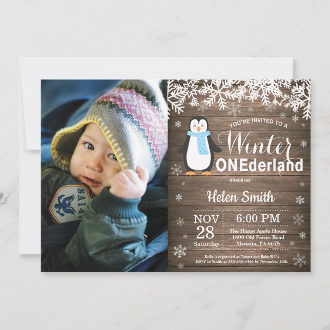 Winter Onederland Rustic Penguin Boy 1st Birthday Inbjudningar (Framsida)