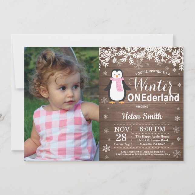 Winter Onederland Rustic Penguin Girl 1 Birthday Inbjudningar (Framsida)
