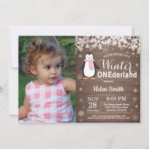 Winter Onederland Rustic Penguin Girl 1 Birthday Inbjudningar
