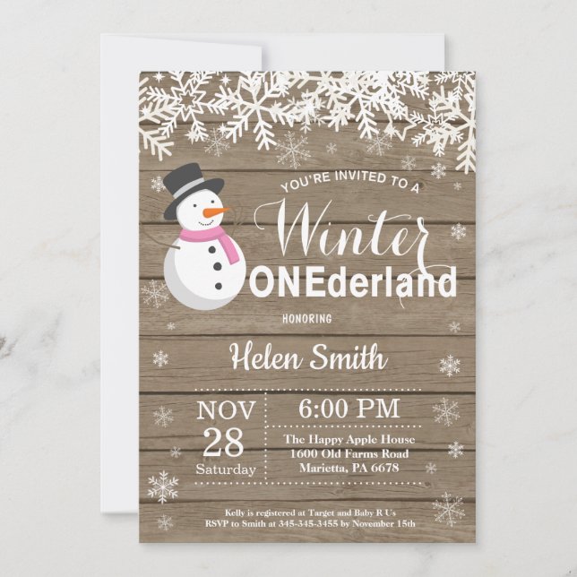 Winter Onederland Rustic Snögubbe Girl 1 Birthday Inbjudningar (Framsida)