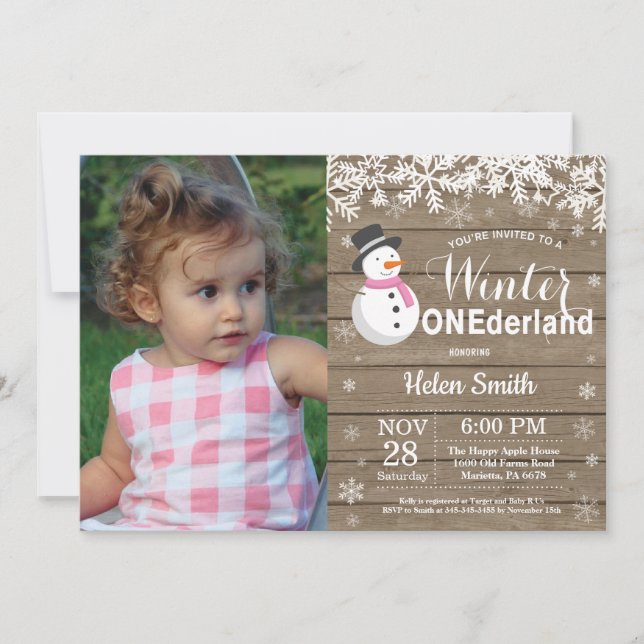 Winter Onederland Rustic Snögubbe Girl 1 Birthday Inbjudningar (Framsida)