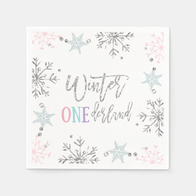 Winter ONEderland Silver Blommigt Rosa Glitter Gir Pappersservett (Framsidan)