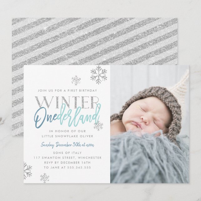 Winter ONEderland Silver Blue 1 Birthday Photo Inbjudningar (Fram/baksida)