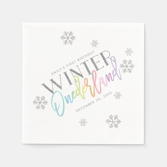 Winter ONEderland Silver Glitter Rainbow 1 Bday Pappersservett (Framsidan)