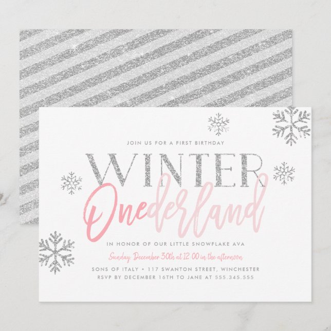 Winter ONEderland Silver Glitter Rosa 1:a födelsed Inbjudningar (Fram/baksida)