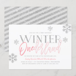 Winter ONEderland Silver Glitter Rosa 1:a födelsed Inbjudningar