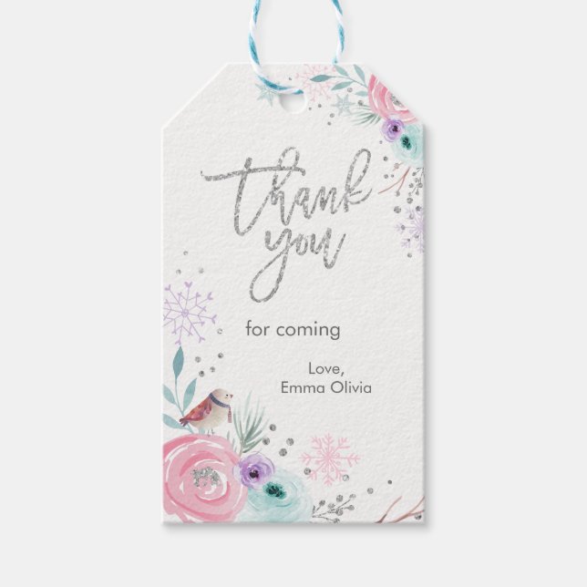 Winter ONEderland Silver Glitter Rosa Blommigt Gif Presentetikett (Framsidan)