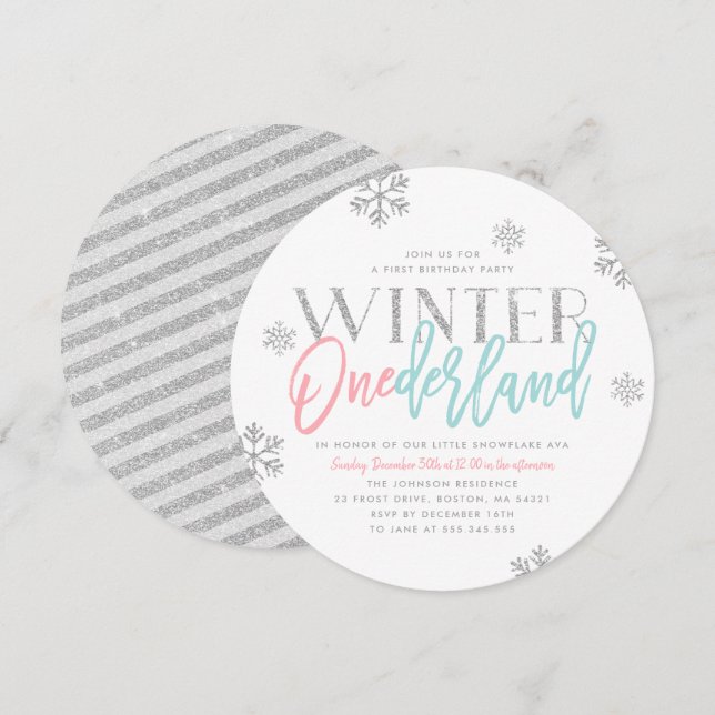 Winter ONEderland Silver Glittery 1:a födelsedagen Inbjudningar (Fram/baksida)