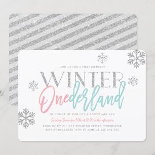 Winter ONEderland Silver Glittery 1:a födelsedagen Inbjudningar