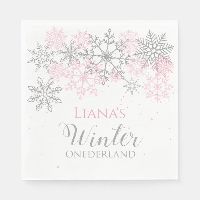 Winter Onederland Silver och Rosa Napkin Pappersservett (Framsidan)
