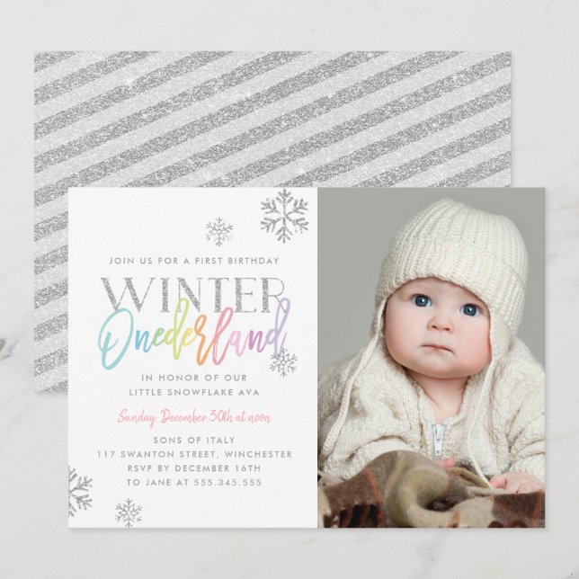 Winter ONEderland Silver Rainbow 1 Bday Photo Inbjudningar (Fram/baksida)