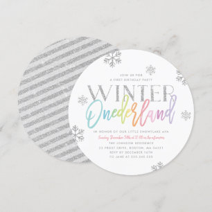 Winter ONEderland Silver Rainbow 1 födelsedag Inbjudningar