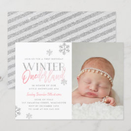 Winter ONEderland Silver Rosa 1:a födelsedagsfoto Inbjudningar