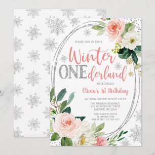 Winter ONEderland Silver Rosa Blommigt Birthday Inbjudningar