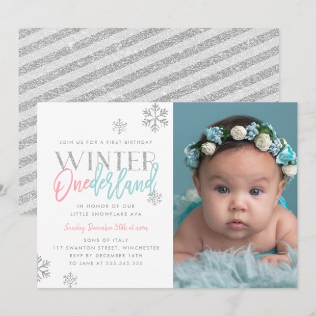 Winter ONEderland Silver Rosa Blue 1:a Bday Photo Inbjudningar (Fram/baksida)