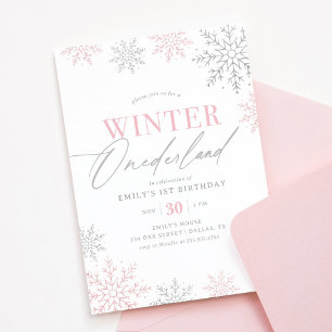 Winter Onederland Silver Rosa Glitter 1:a födelsed Inbjudningar