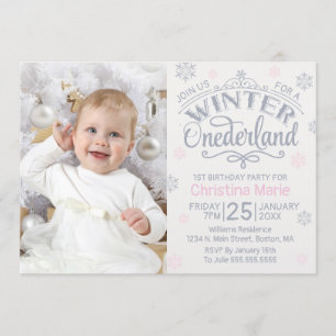 Winter Onederland Silver Rosa Snowflake 1:a Inbjudningar