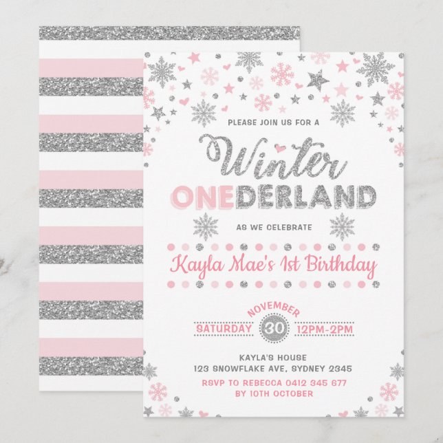 Winter ONEderland Silver Rosa Snowflake Birthday Inbjudningar (Fram/baksida)