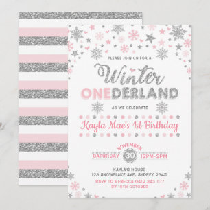 Winter ONEderland Silver Rosa Snowflake Birthday Inbjudningar