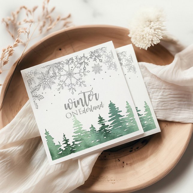 Winter Onederland Silver snöflingor och träd Pappersservett (Skapare uppladdad)
