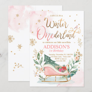 Winter Onederland Sleigh Rosa Guld 1:a födelsedag Inbjudningar