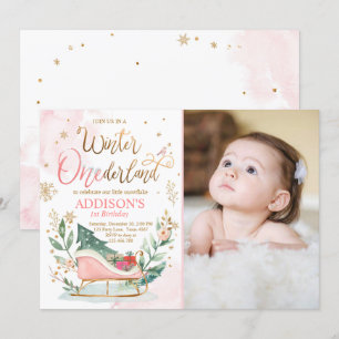 Winter Onederland Sleigh Rosa Guld 1:a födelsedag Inbjudningar