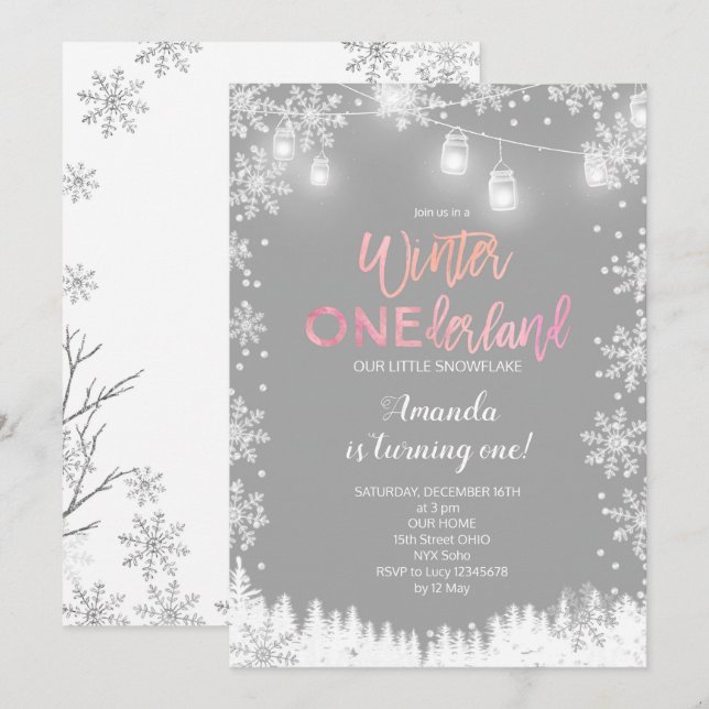 Winter ONEderland Snö Birthday Inbjudan ROSA (Fram/baksida)