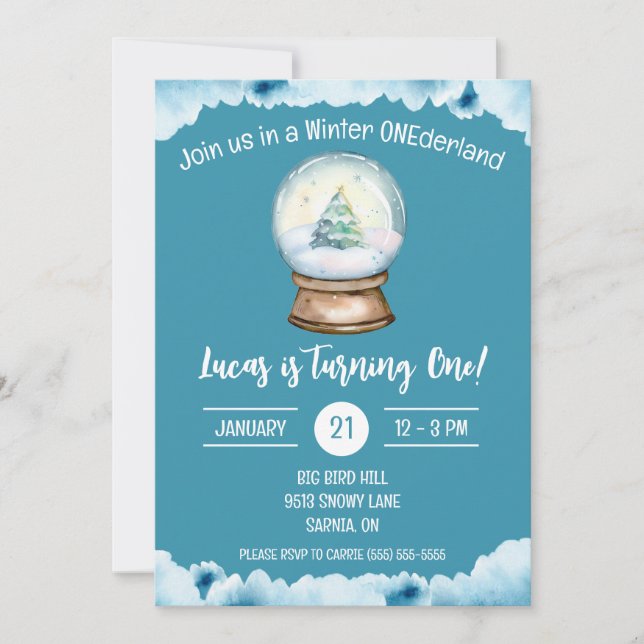 Winter ONEderland, Snö Globe Kids Födelsedagsfest Inbjudningar (Framsida)