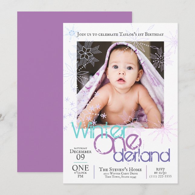 Winter Onederland Snöflingor Baby 1st Birthday Inbjudningar (Fram/baksida)