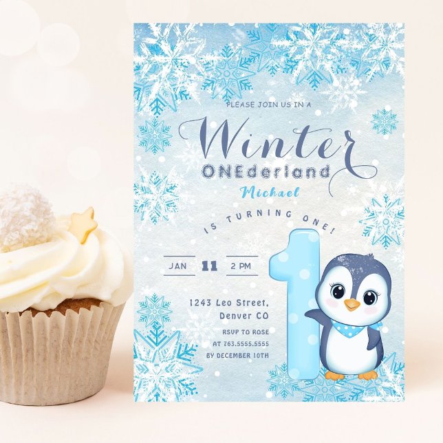 Winter Onederland Snöflingor Blue Boy 1st Birthday Inbjudningar (Skapare uppladdad)
