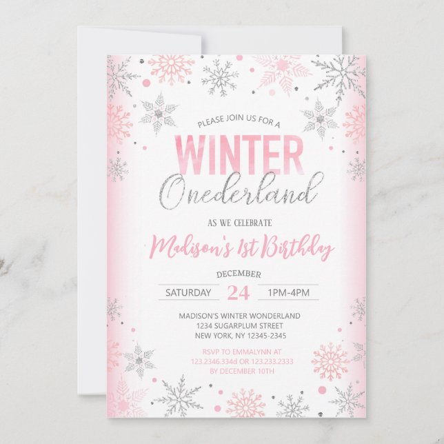 Winter Onederland Snöflingor Första födelsedag Inbjudningar (Framsida)